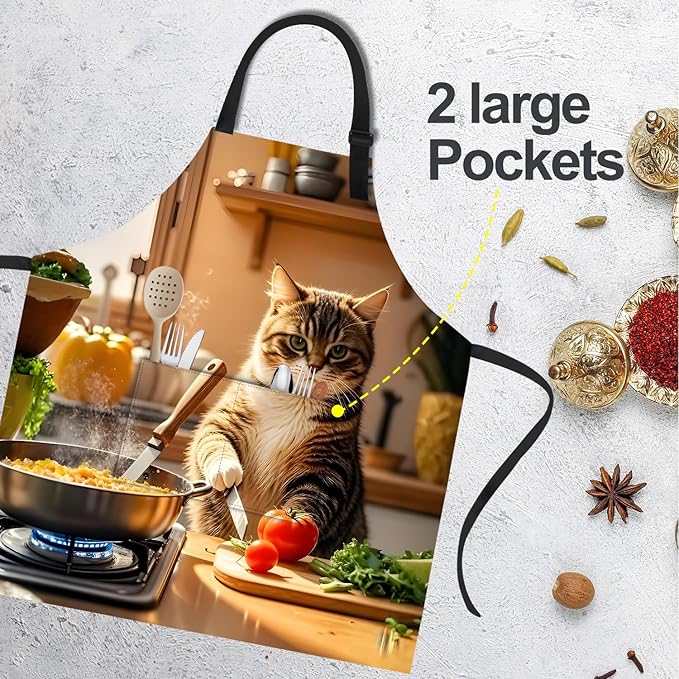 Funny Cat Apron with 2 Pockets Waterproof for Men Women Kitchen Garden Decor