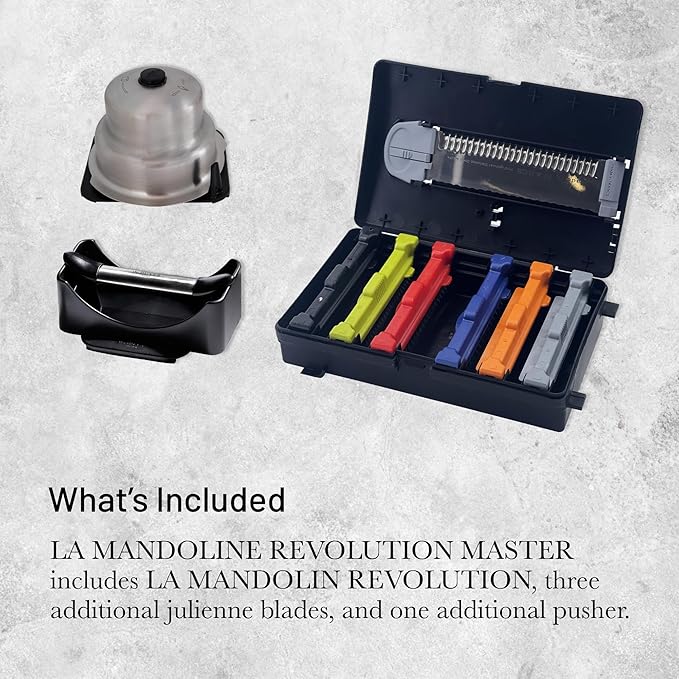 de Buyer LA MANDOLINE REVOLUTION MASTER - Removable, Double-Sided Stainless Steel Blade - Ideal for Cutting, Shredding, Dicing & Cubing - Includes 6 Julienne Blades & Extra Pusher - Made in France