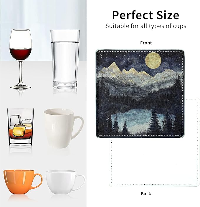 Marble Coasters Square Leather Drinks Coaster Set with Holder for Coffee Table Bar Home Decor 4 Inches Set of 6 (Forest Night, One Size)