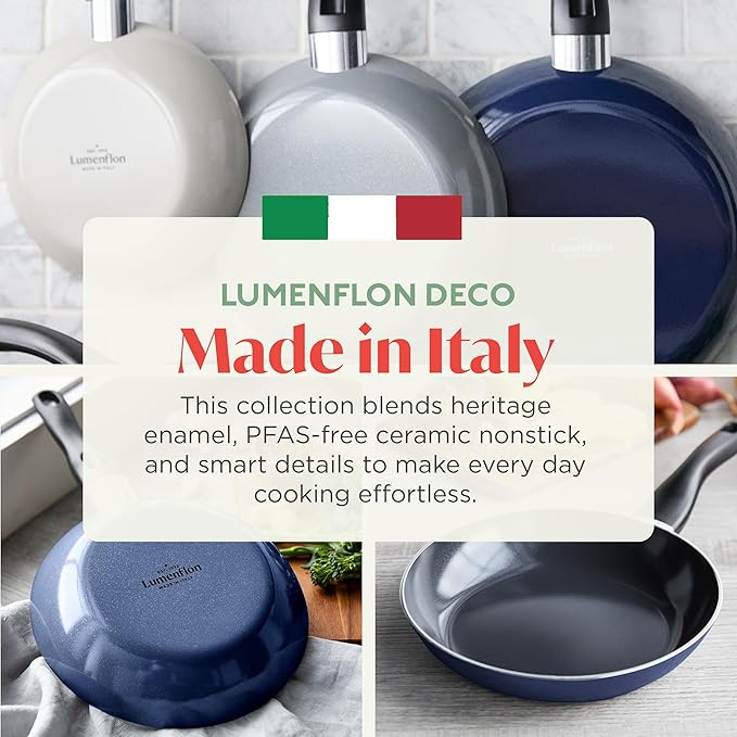 Lumenflon Deco 9.5” Nonstick Frying Pan Skillet, Made in Italy, Diamond Ceramic PFAS-Free, Dishwasher & Metal Utensil Safe, Durable Gloss Enamel Finish, Stay-Cool Handle, High Walls-Extra Room, Blue