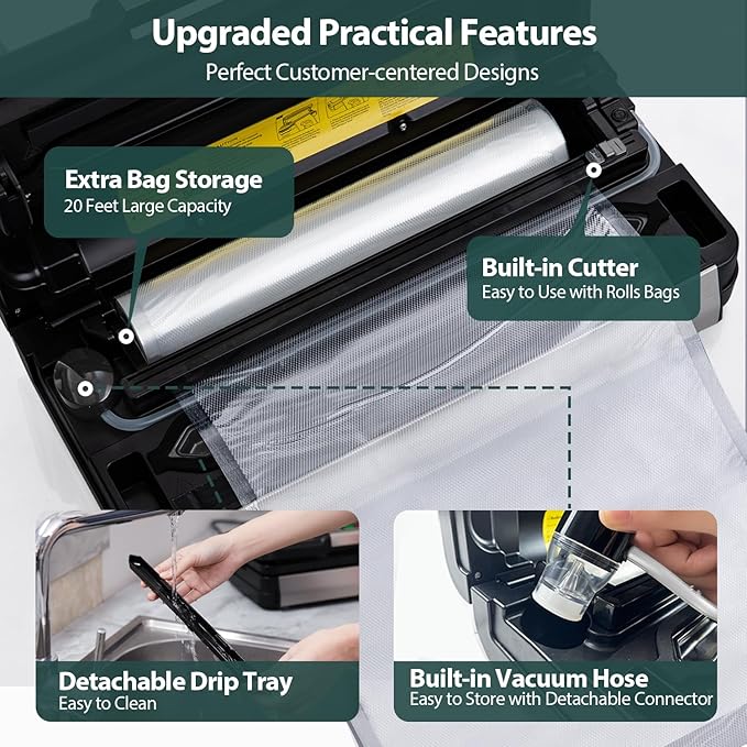 95kPa Vacuum Sealer Machine with AquaLock Technology, for Moist Seals, 2X Seal & 130W, Fully Automatic Food Sealer, Built-In Cutter, Bag Storage & Hose, Precision Sealing, 2 Bag Rolls,Stainless Steel
