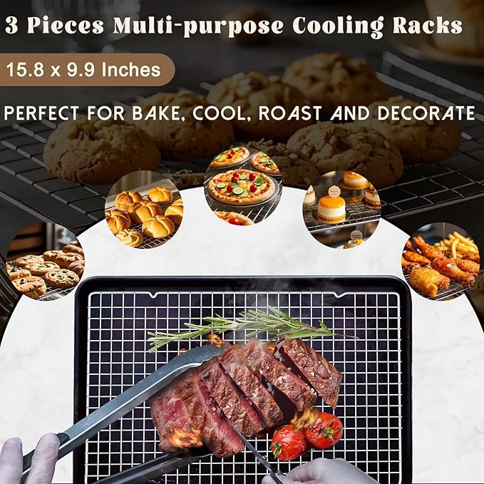 Gymdin Cooling Racks for Cooking and Baking - 3PCS 16" x 10" Premium Stainless Steel Wire Cookie Cooling Rack for Baking, Roasting, and More - Oven & Dishwasher Safe - Fits Jelly Roll Pan