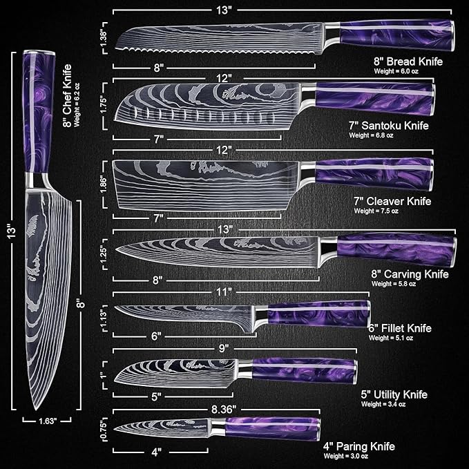 SENKEN 8-Piece Japanese Knife Set with Purple Resin Handle and Laser Damascus Pattern - Amethyst Collection - Chef's Knife, Cleaver, Santoku, Paring Knife, & More (Amethyst Purple)