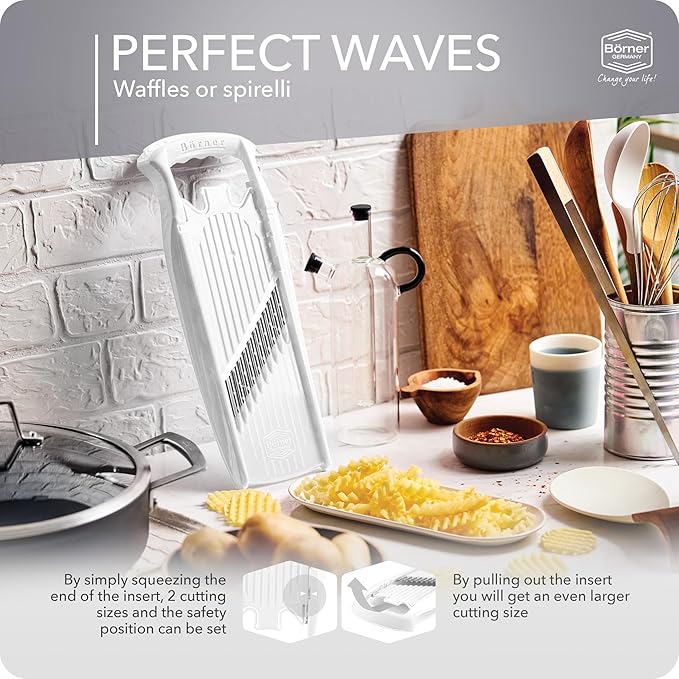 Börner by Reston Lloyd Wave-Waffle Power Line • Crinkle Cut/Spirelli Vegetable Slicer • Slicer for Wave Waffle Cut Style • Multiple Thickness Options • Made in Germany, White