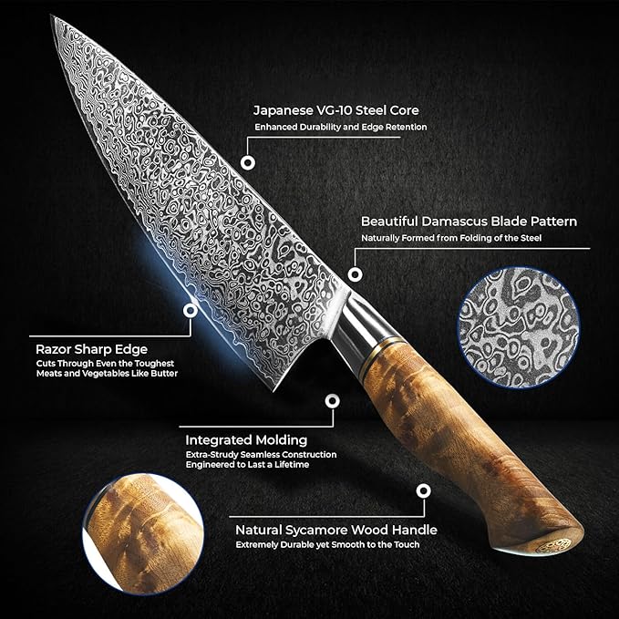 SENKEN 8" Damascus Steel Chef's Knife - Dynasty Collection - 67-Layer Japanese VG10 Steel with Sycamore Wood Handle, Razor Sharp Double Bevel 15° Edge