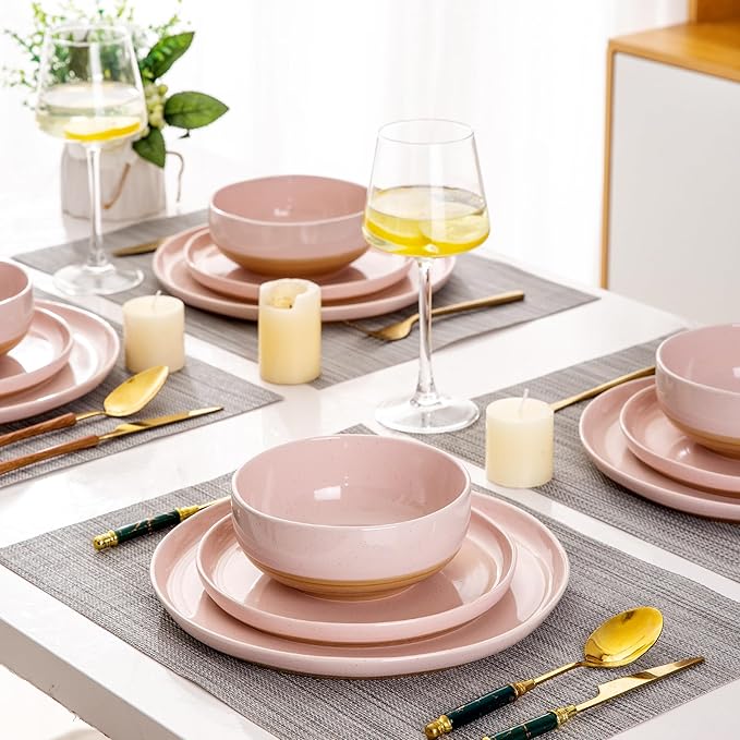 AmorArc Ceramic Dinner Plates Set of 6,10.5 Inch Stoneware Plates Set for Dinner, Elegant Dish Set with Rustic Terracotta Underside,Microwave & Dishwasher Safe-Cloud Pink