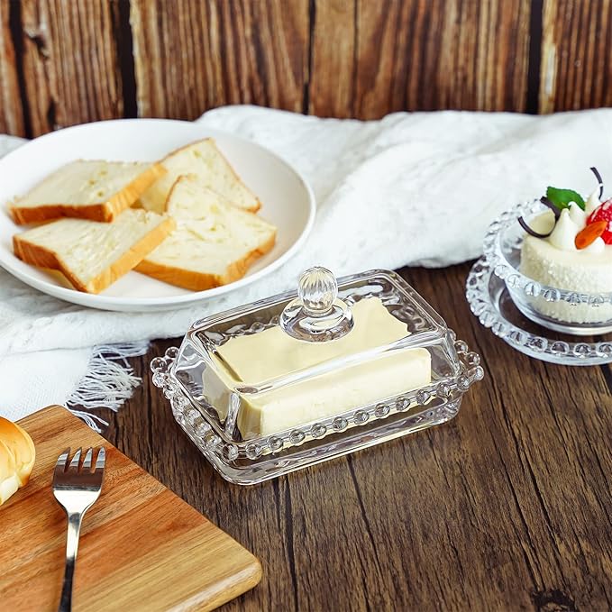 6.5'' Clear Glass Butter Dish with Handled Lid,Classic 2-Piece Design Butter Keeper For Countertop,Dishwasher Safe