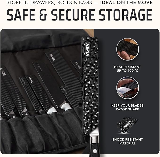 Asaya Professional Knife Edge Guards - Two Universal Streak Knife Covers - 6" x 1" - Extra Strength, ABS Plastic and BPA-Free Felt Lining, non-Toxic and Food Safe - Knives Not Included (2 Piece S)