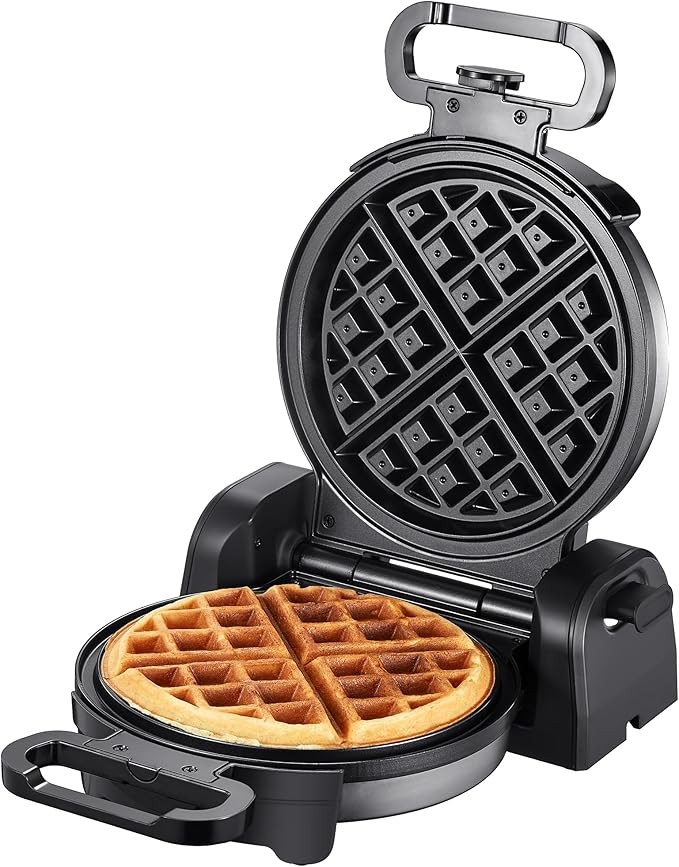 Reemix Waffle Maker, 180° Rotating Belgian Waffle Maker Round Classic Belgian 4-Piece, Evenly Baked | Non-Stick | Fast Preheat, Black+Silver