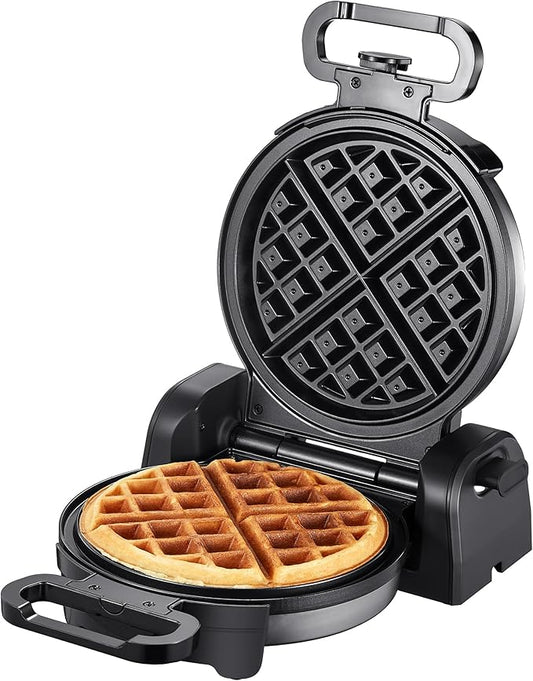 Reemix Waffle Maker, 180° Rotating Belgian Waffle Maker Round Classic Belgian 4-Piece, Evenly Baked | Non-Stick | Fast Preheat, Black+Silver