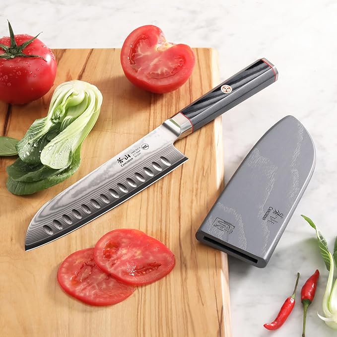 Cangshan YARI Series X-7 Damascus Steel 7-inch Santoku Knife with Sheath
