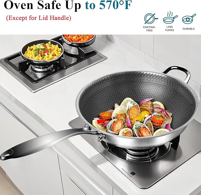 Boryenty Wok Pan 12 Inch with Lid, Hybrid Stainless Steel Wok, Honeycomb Wok Pan Flat Bottom Stir Fry Pan, 18/10 Stainless Steel, Metal Utensil Safe, Dishwasher & Oven Safe