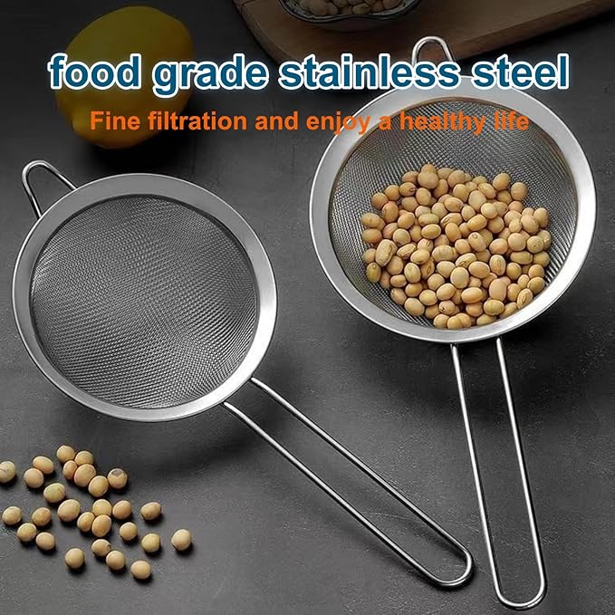 3Pcs Stainless Steel Fine Mesh Strainer Set (Small/Medium/Large) – Metal Sieve Sifter with Handle, Ideal for Rice/Juice/Quinoa/Flour, Kitchen Baking & Straining Tools