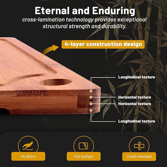 Lacusmall Bamboo Cutting Board, 3 Pcs Cutting Boards for Kitchen with Built-in Handles and Deep Juice Grooves, Wooden Cutting Boards for Separating Meat, Vegetables, fruit, Ideal Kitchen Gift