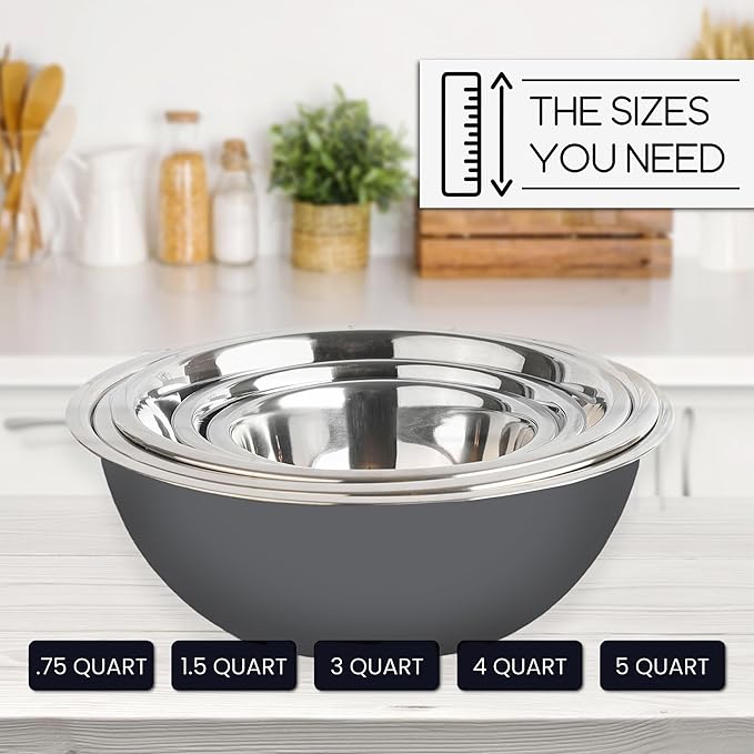 WHYSKO Meal Prep Stainless Steel Mixing Bowls Set, Home, Refrigerator, and Kitchen Food Storage Organizers | Ecofriendly, Reusable, Heavy Duty (Gray)