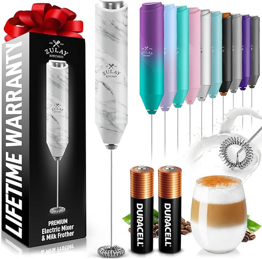 Zulay Kitchen Powerful Milk Frother Handheld with 2 Duracell AA Batteries – Ultra Fast Frother Wand Electric Drink Mixer for Coffee, Lattes, Cappuccinos, Matcha & Hot Chocolate – Portable Foam Maker
