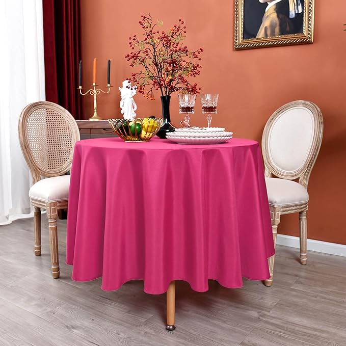 MEANMOY Hot Pink 210 GSM Water & Stain Resistant Round Tablecloth for Circle Table - Solid 48 Inch Fuchsia Table Cloth Cover in Wrinkle Free Durable Washable Polyester Fabric for Party, Banquet