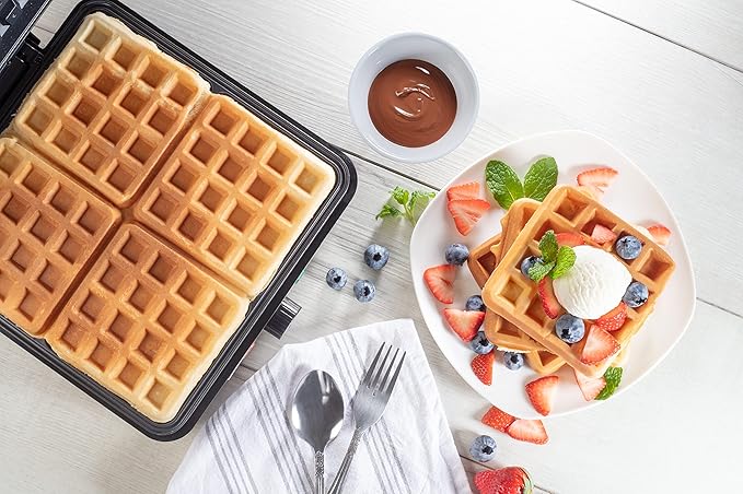 CucinaPro Four Square Belgian Waffle Maker, Extra Large Stainless Steel Kitchen Appliance w Nonstick Waffler Iron Plates- Make 4 Fluffy Waffles, Griddle for Family Morning Breakfast with Recipe Guide