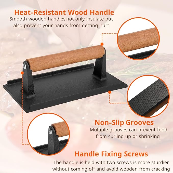 onlyfire Cast Iron Meat Press Grill Press with Wooden Handle, Great for Squeezing Fat from Meats, Flattening Bacon, Paninis, and Burgers