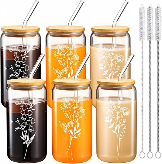 6 Pcs 16 Oz Gift for Women Cute Glass Cup, Can Shaped Drinking Glasses with Bamboo Lids and Glass Straws with Design, Aesthetic Flower Iced Coffee Mugs Tumbler Bulk for Party Bridesmaid Proposal Gifts