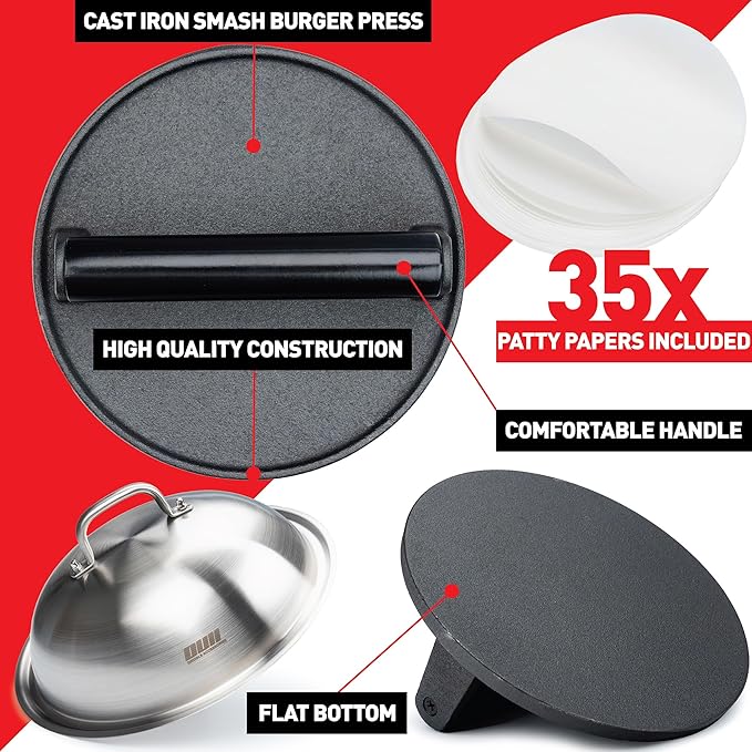 Smash Burger Press Kit - 7'' Flat Bottom Round Premium Cast Iron Press with 35 Pcs Patty Paper,12 Inch Heavy Duty Round Basting Cover Melting Dome. Perfect for Hamburger, Bacon, Meat, Sandwich