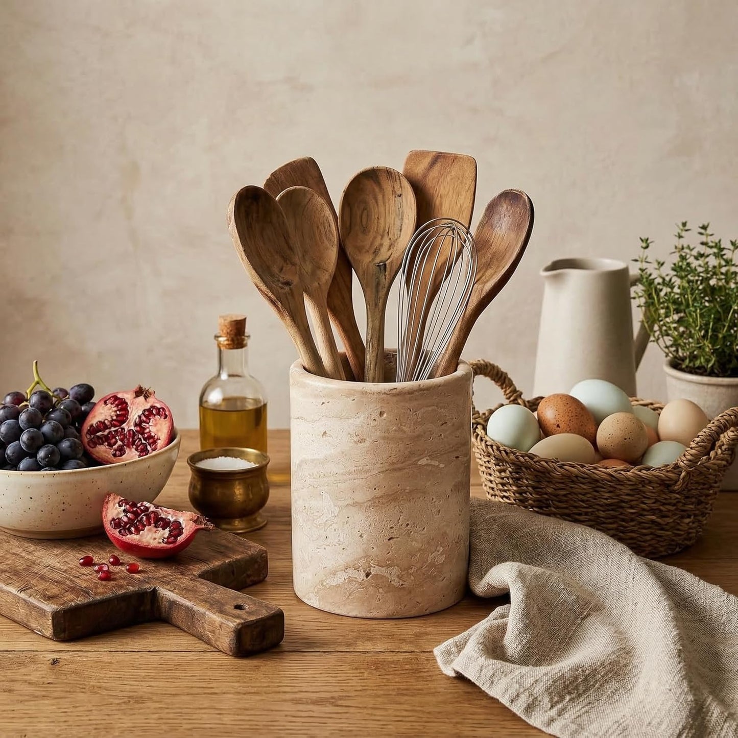 Natural Travertine Utensil Holder for Kitchen Countertop – Heavy & Stable Real Stone Utensil Crock, Large Spoon & Spatula Organizer, Rustic Premium Kitchen Decor, Housewarming Gift, Beige
