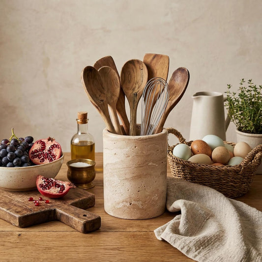 Natural Travertine Utensil Holder for Kitchen Countertop – Heavy & Stable Real Stone Utensil Crock, Large Spoon & Spatula Organizer, Rustic Premium Kitchen Decor, Housewarming Gift, Beige
