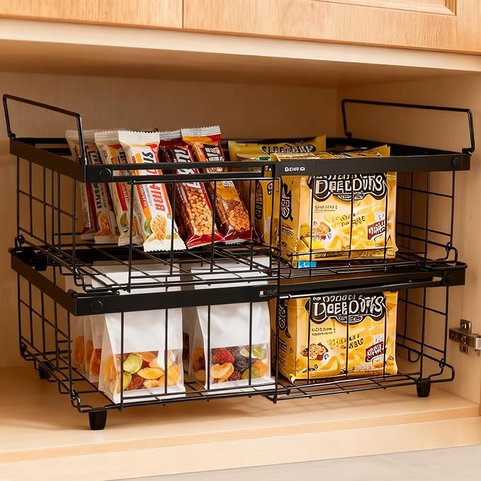Tanice 2 Pack Freezer Organizer Bins, Expandable Stackable Chest Freezer Organizer with Foldable Handle, Thickened Metal Freezer Baskets for Deep Freezer, Kitchen Pantry - Black