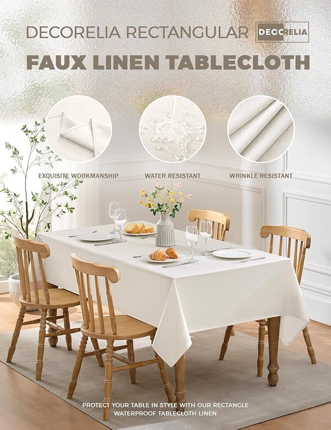 Faux Linen Waterproof Tablecloth,Ivory,84" x 60" (Rectangular)