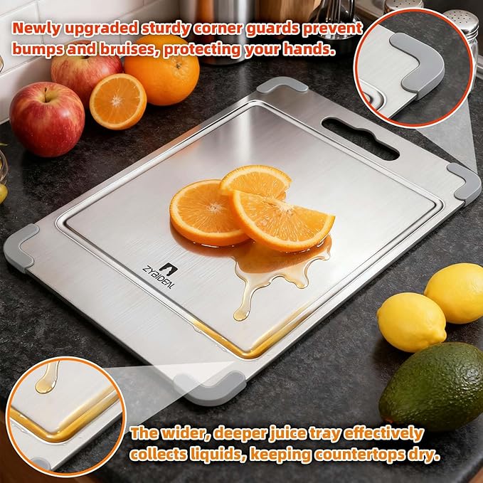 ZYBIDEAL 3Pcs 100% Pure Titanium Cutting Board with Grooves, Update Double Side Titanium Chopping Board, Silicone Anti-slip Stainless Cutting Boards Set for Kitchen