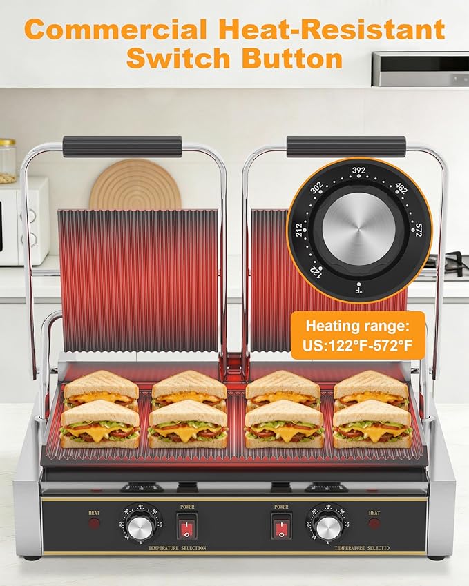 Commercial Panini Press - 3600W Commercial Electric Sandwich Maker w/Dual Independent Temp Controls, Double-Sided Heating, Panini Grill Press 19"x9" Nonstick/Grooved Plates for Panini & Sandwiches