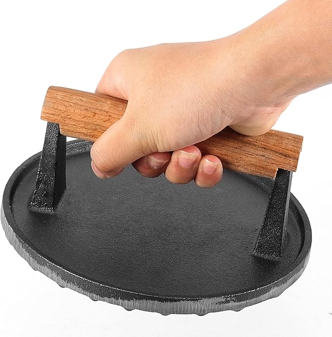 HOIGON 2 PCS 7 Inch Round Heavy Duty Cast Iron Grill Press, Steak Weight Bacon Barbecue Presses with Solid Wood Handle for Burgers, Bread, Pushing Down On Steaks