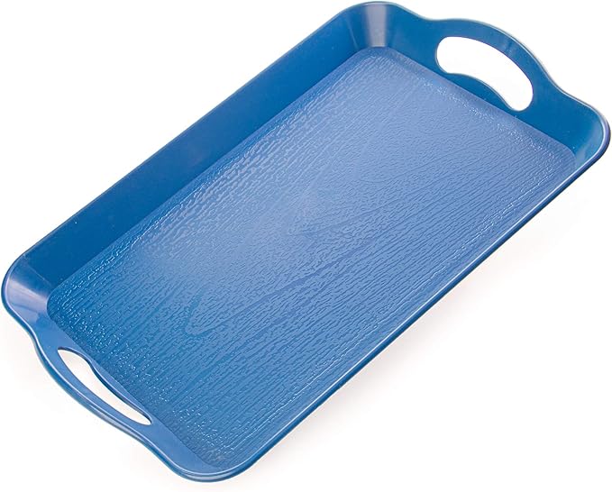 Handled Cafeteria Tray - 14" x 9" Rectangular Wood Grain Textured Plastic Food Serving TV Tray - Great for Restaurant Buffets, Diners, School Lunch, Cafe Commercial Kitchen and More (Blue)