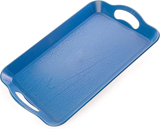 Handled Cafeteria Tray - 14" x 9" Rectangular Wood Grain Textured Plastic Food Serving TV Tray - Great for Restaurant Buffets, Diners, School Lunch, Cafe Commercial Kitchen and More (Blue)