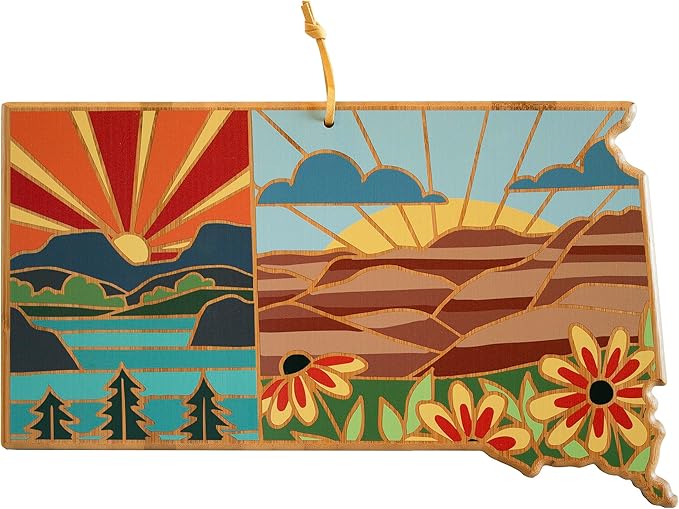 Totally Bamboo South Dakota State Shaped Cutting Board and Charcuterie Serving Platter with Artwork by Summer Stokes, Includes Hang Tie for Wall Display