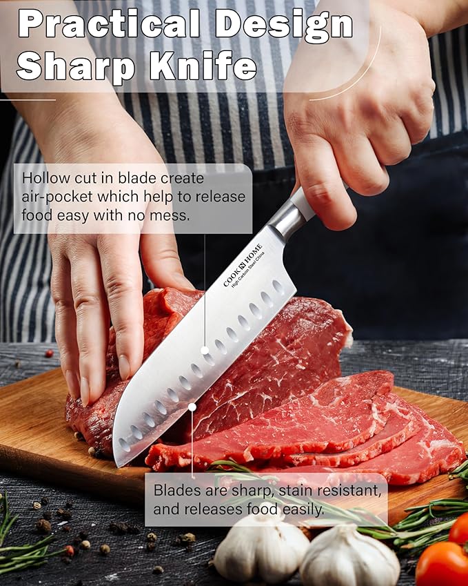 Cook N Home Kitchen Knife Set with Bamboo Storage Block 15-Piece, High Carbon Stainless Steel Blade, White
