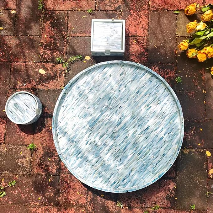 i-lan 17-inch Mother of Pearl Lazy Susan – Blue Brick Pattern Rotating Turntable with Smooth Spin, Large Decorative Tray for Dining Table, Kitchen Cabinet, Countertop & Holiday Gifting