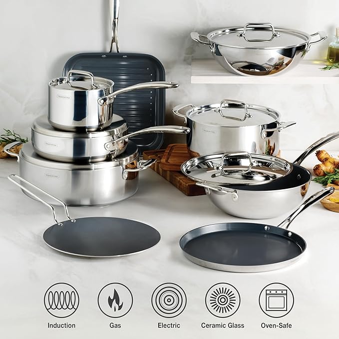 Tramontina Utsava Tri-Ply Clad Stainless Steel 5-Quart Casserole with Lid and Ceramic Non Stick Interior, Induction-Ready Dutch Oven Pot