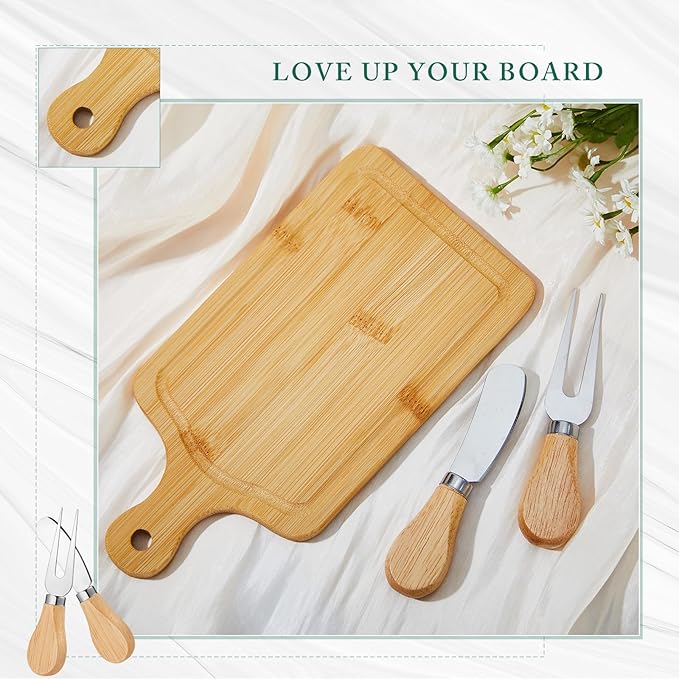 Ziliny 4 Set Bridal Baby Shower Cheese Prizes Wooden Square Board Gift Set Knives Forks Thank You Tags with Box for Guests for Valentines Bridal Baby Shower Housewarming Gifts (Bamboo Color)