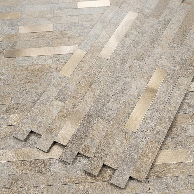 20 Sheets Peel and Stick Backsplash, Dark Beige with Metal Gold Look PVC Wall Tiles Upgrade Your Kitchen Backsplash, RV, Fireplace
