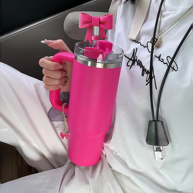 Compatible with Stanley Cup Accessories - 4Pcs 10mm Cute Bow Straw Topper Compatible with Stanley Cup Straw Cover Cap, 2pcs Bow Charms for Stanley 30&40 Oz Tumbler with Handle