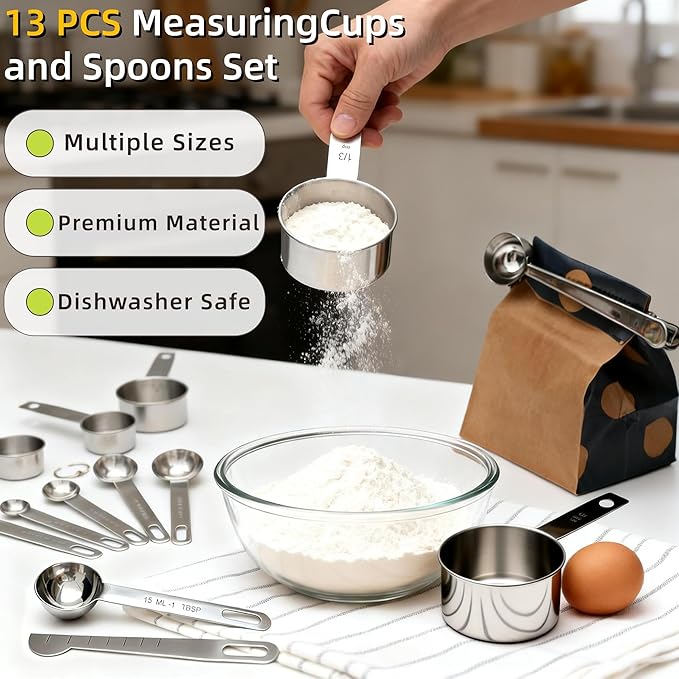 Measuring Cups & Spoons Set of 13, Stainless Steel 5 Nesting Measure Cups Set & 6 Measuring Spoons Set & 1 Leveler +1 Spoon Clip - Kitchen Baking Tools for Cooking.