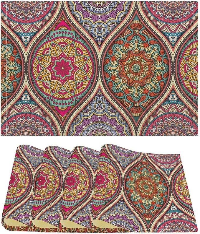 Boho Mandala Placemats Mexican Ethnic Traditional Pattern with Geometric Plaids Abstract Flower Set of 4 for Restaurant Home Kitchen Holiday Picnic Party Decor 12x18in