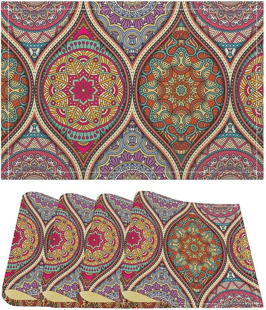 Boho Mandala Placemats Mexican Ethnic Traditional Pattern with Geometric Plaids Abstract Flower Set of 4 for Restaurant Home Kitchen Holiday Picnic Party Decor 12x18in