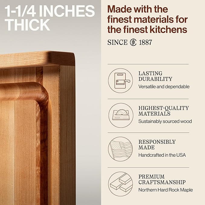 John Boos Countertop Series Rectangular Wooden Maple Cutting Board 23.75”x23.75” – 1.25” Thick, 26-lb Reversible Butcher Block with Juice Groove, Counter Lip & Edge-Grain – Made in the USA