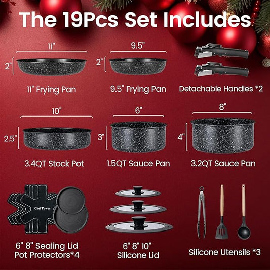 Chef Power Ceramic Nonstick Cookware Set 19 Piece with Detachable Handle, Induction Dishwasher Oven Safe Pans and Pots Set, RV Kitchen Set Removable Handle, Rock Stone Black