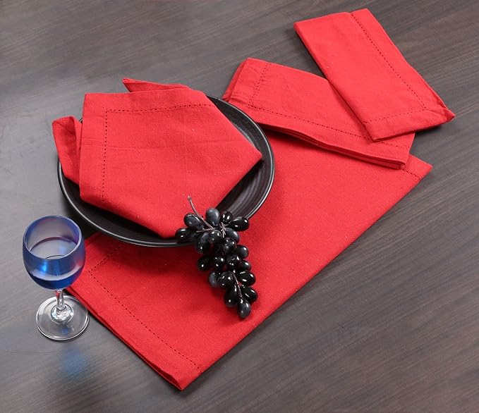 LFH Home Hemstitched Cloth Dinner Napkins 18x18 Inch Set of 12 - Reusable 100% Cotton Machine Washable Cocktail Napkins with Metered Corners for Daily, Party, Wedding, Bar Use - Red