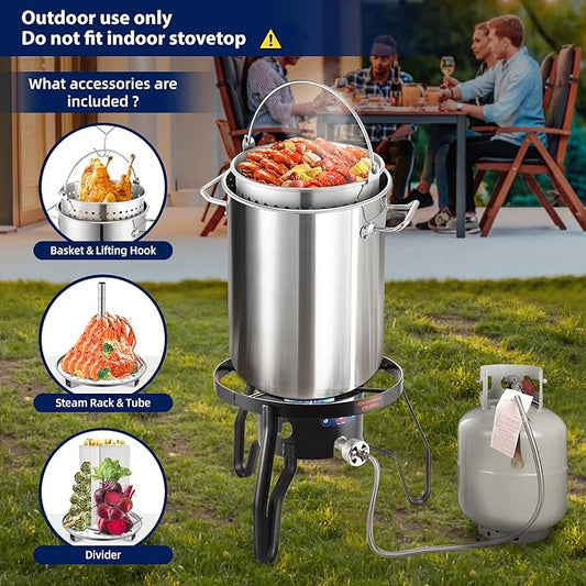 ARC 32QT Stock pot Seafood Boil Pot and Propane Stove Outdoor Cooker, Stainless Steel Crawfish Boil Pot with Basket and Steamer Rack, Burner for Outdoors Cooking and Steaming