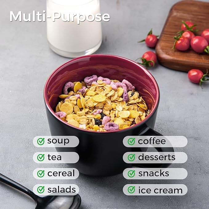 GBHOME Jumbo Soup Mugs with Handles, 24 Oz Large Coffee Mugs Set of 4, Ceramic Soup bowls for Coffee,Cereal,Snacks,Salad,Noodles etc Soup Cups,Microwave&Dishwasher safe-Red Inside