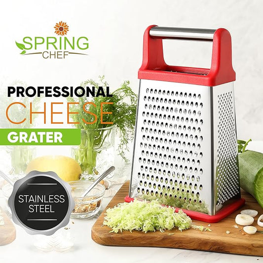 Spring Chef Stainless Steel XL Box Grater & Premium Lemon Zester - 2 Product Bundle - Red